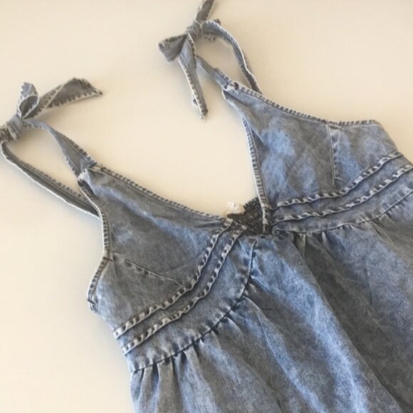 Promesa Denim Babydoll Top Boho Smocked Back Distress Wash - Picture 6 of 13